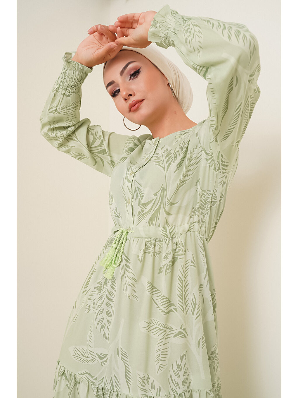 2145 Desenli Tesettür Elbise - E.Yeşil-2