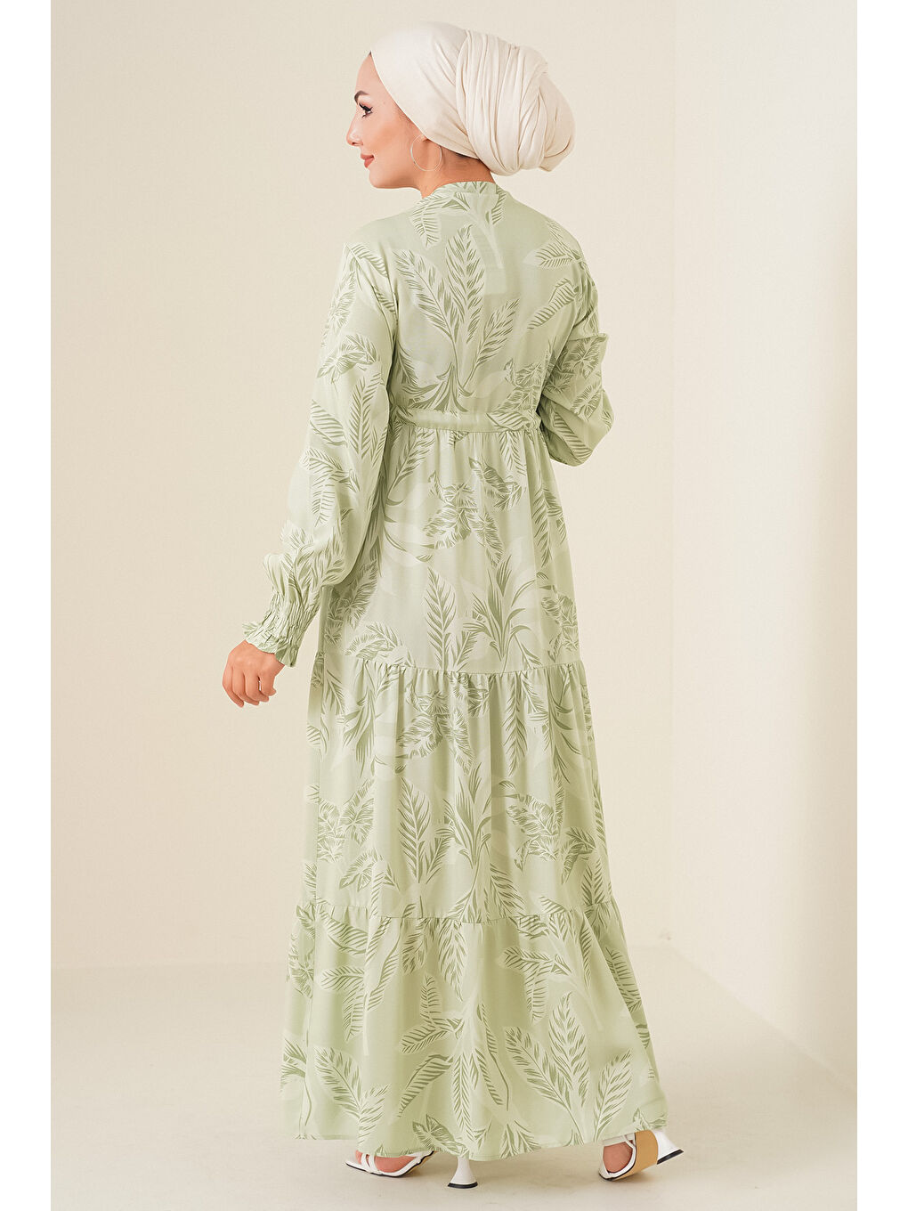 2145 Desenli Tesettür Elbise - E.Yeşil-4