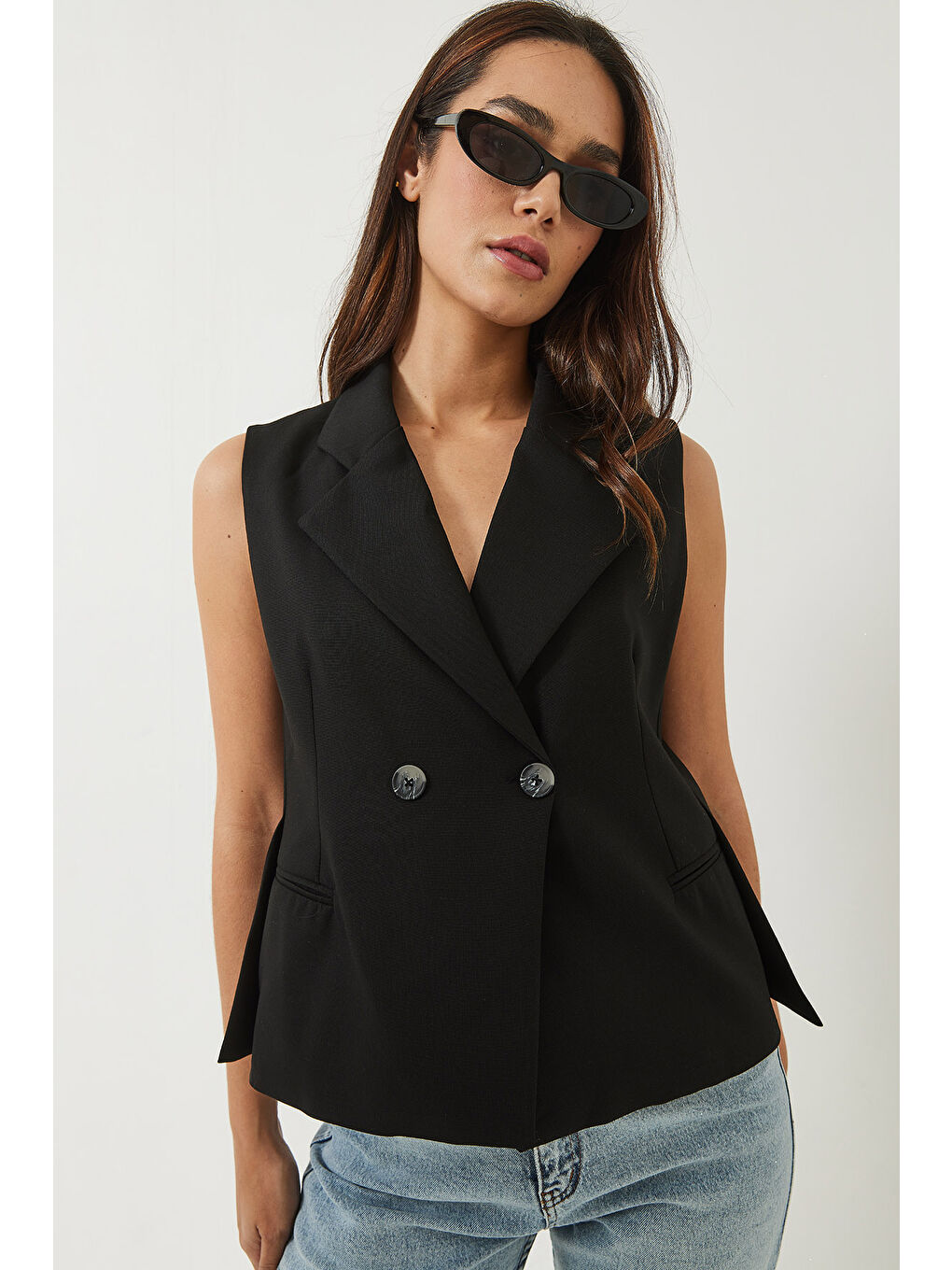 Siyah Kadın Şal Yaka Asimetrik Kesim Yelek-2