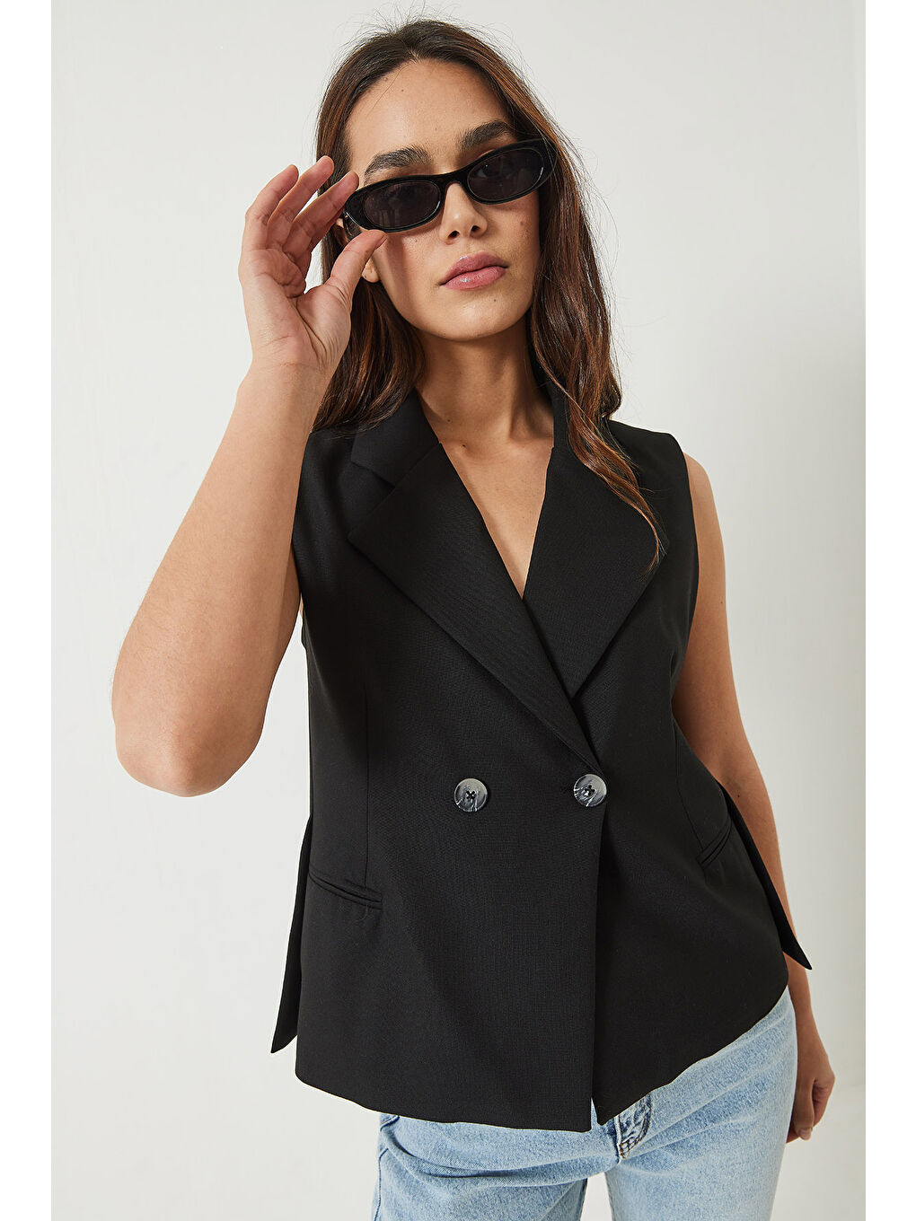 Siyah Kadın Şal Yaka Asimetrik Kesim Yelek-3