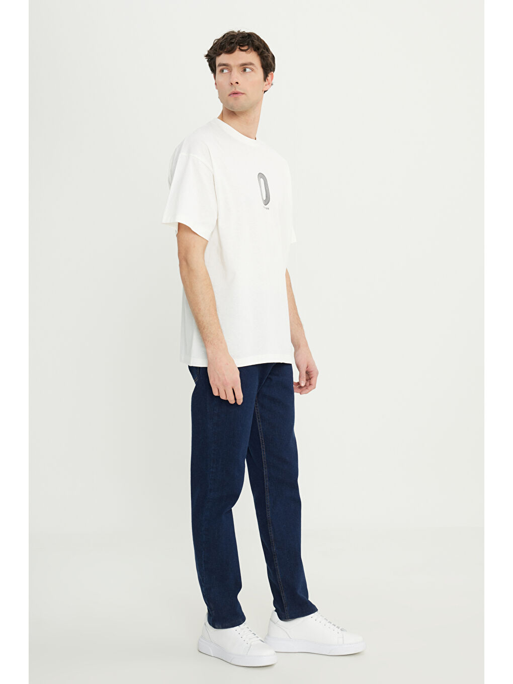 Erkek Ekru %100 Pamuk Oversize Fit Rahat Kesim Bisiklet Yaka Baskılı Tişört-1