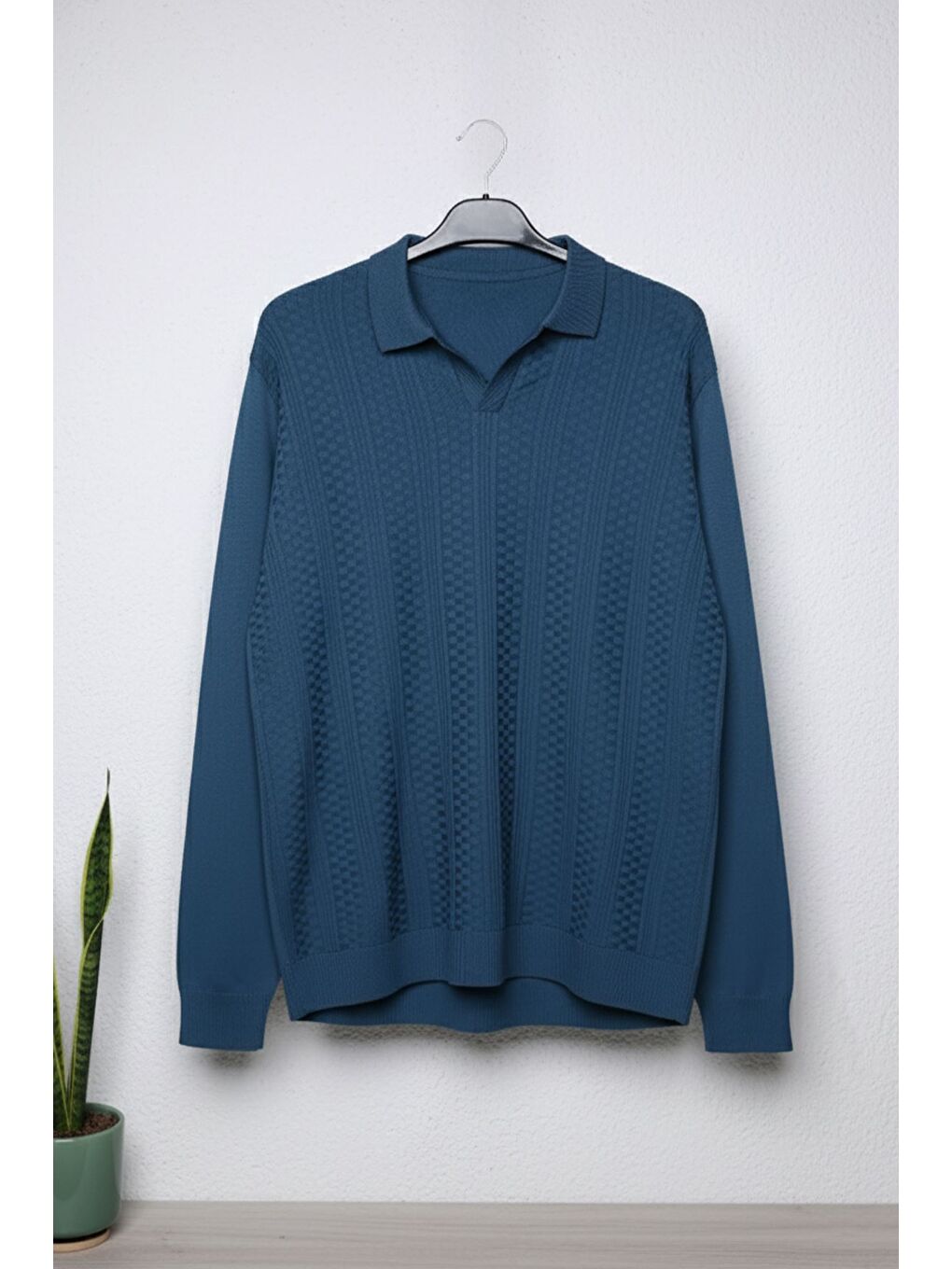 Petrol Polo Yaka Kendinden Desenli Erkek Triko Kazak-2