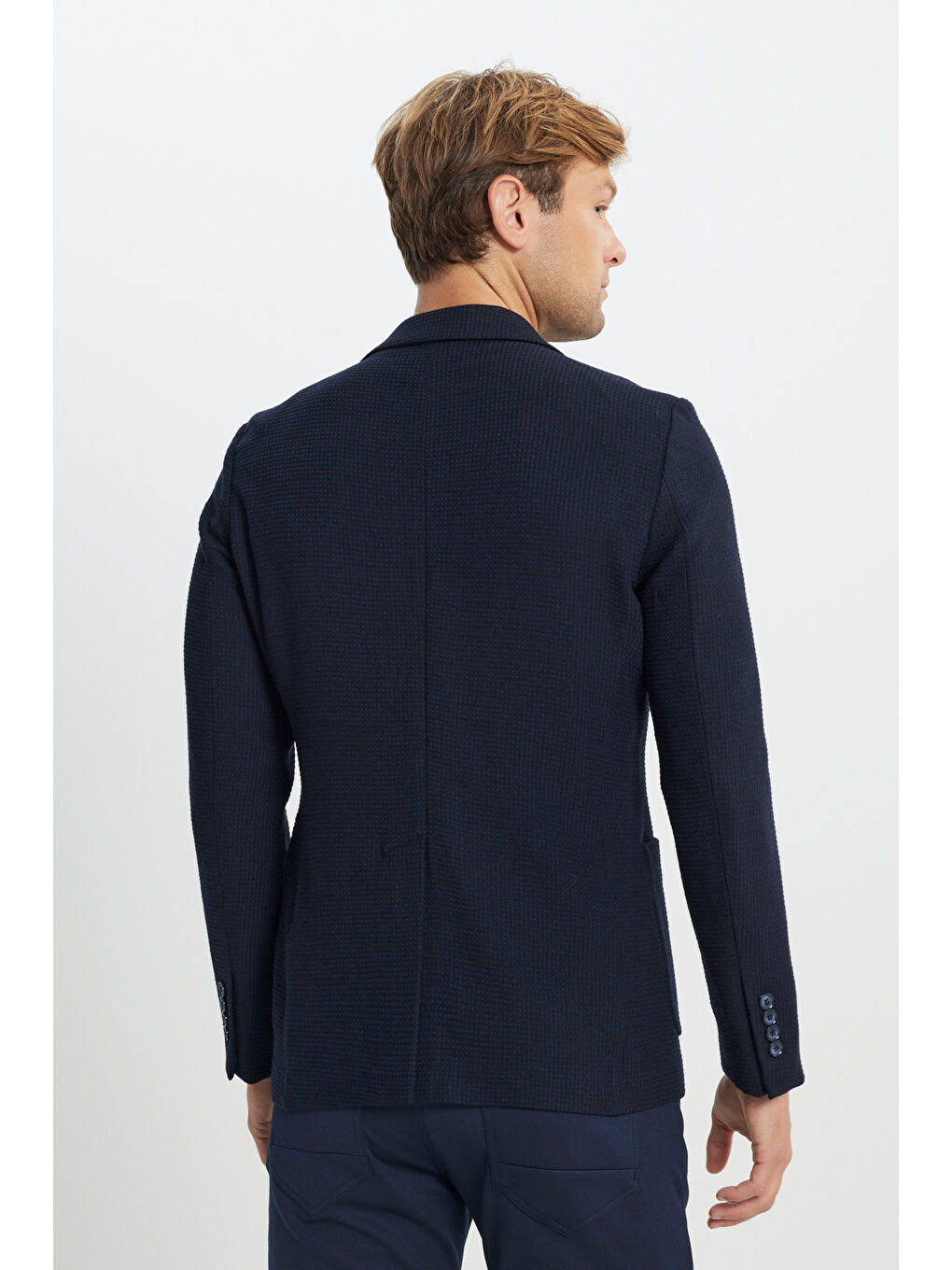 Erkek Lacivert Yünlü Slim Fit Dar Kesim Mono Yaka Desenli Torba Cepli Ceket-5