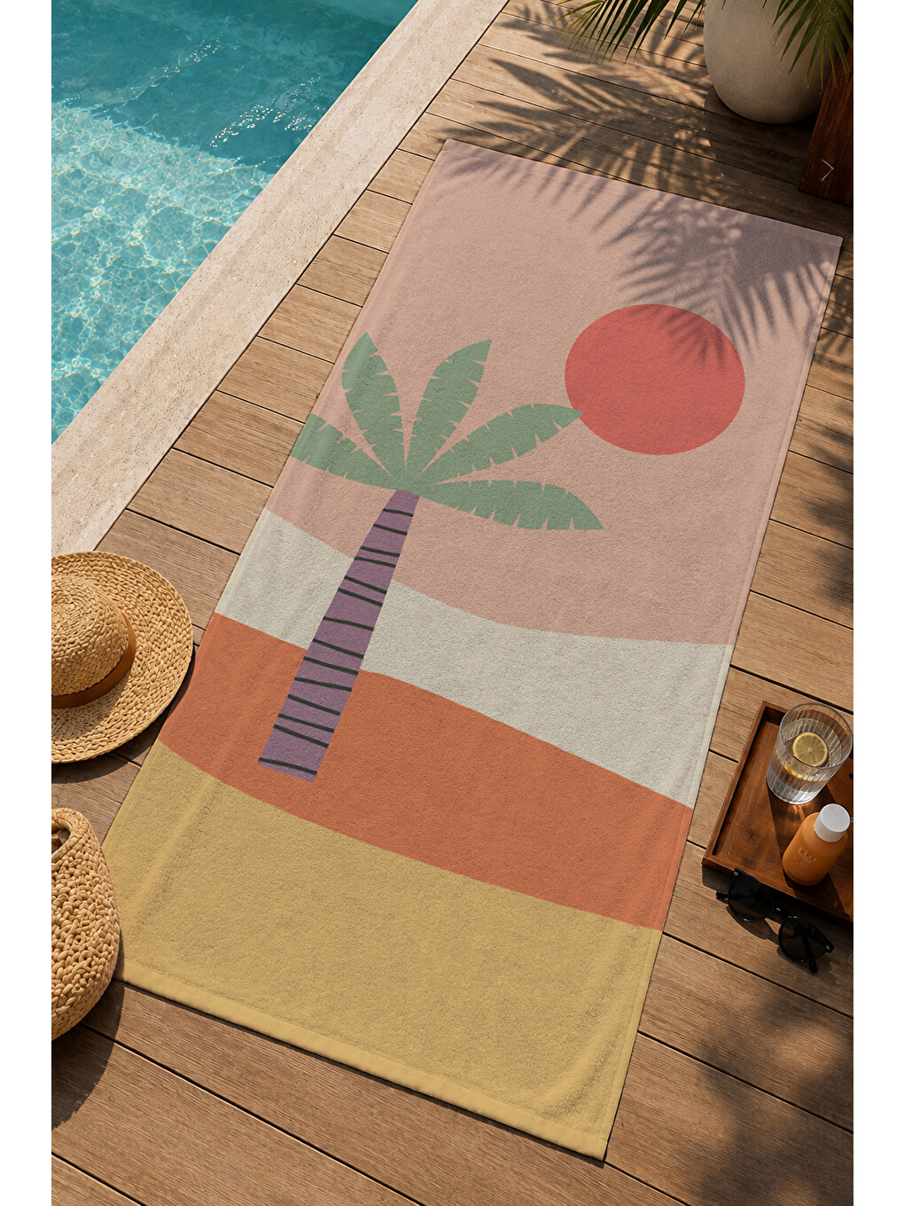 Pudra Pembe Palmiye Ve Kırmızı Güneş Modern Desenli 70x150 Cm Dijital Baskılı Plaj Ve Banyo Havlusu-2