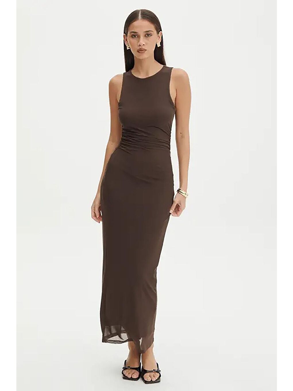 Kahverengi Desenli File Yüksek Yaka Maxi Elbise Mg2097-1