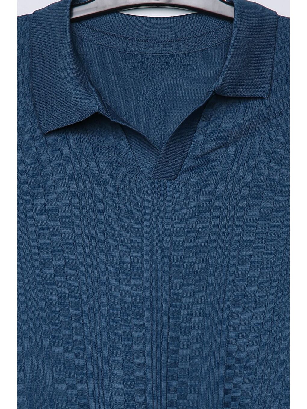 Petrol Polo Yaka Kendinden Desenli Erkek Triko Kazak-3