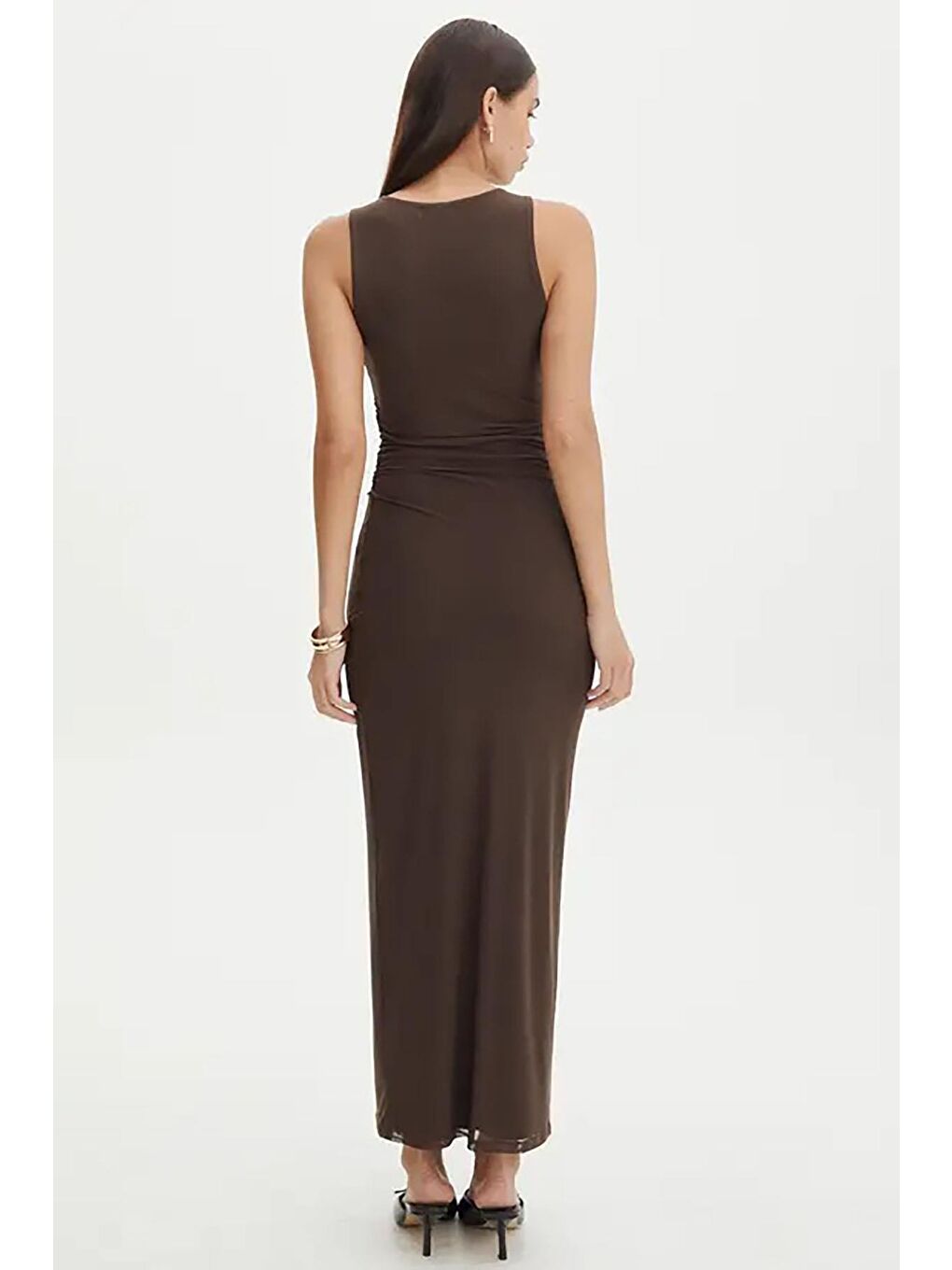 Kahverengi Desenli File Yüksek Yaka Maxi Elbise Mg2097-2