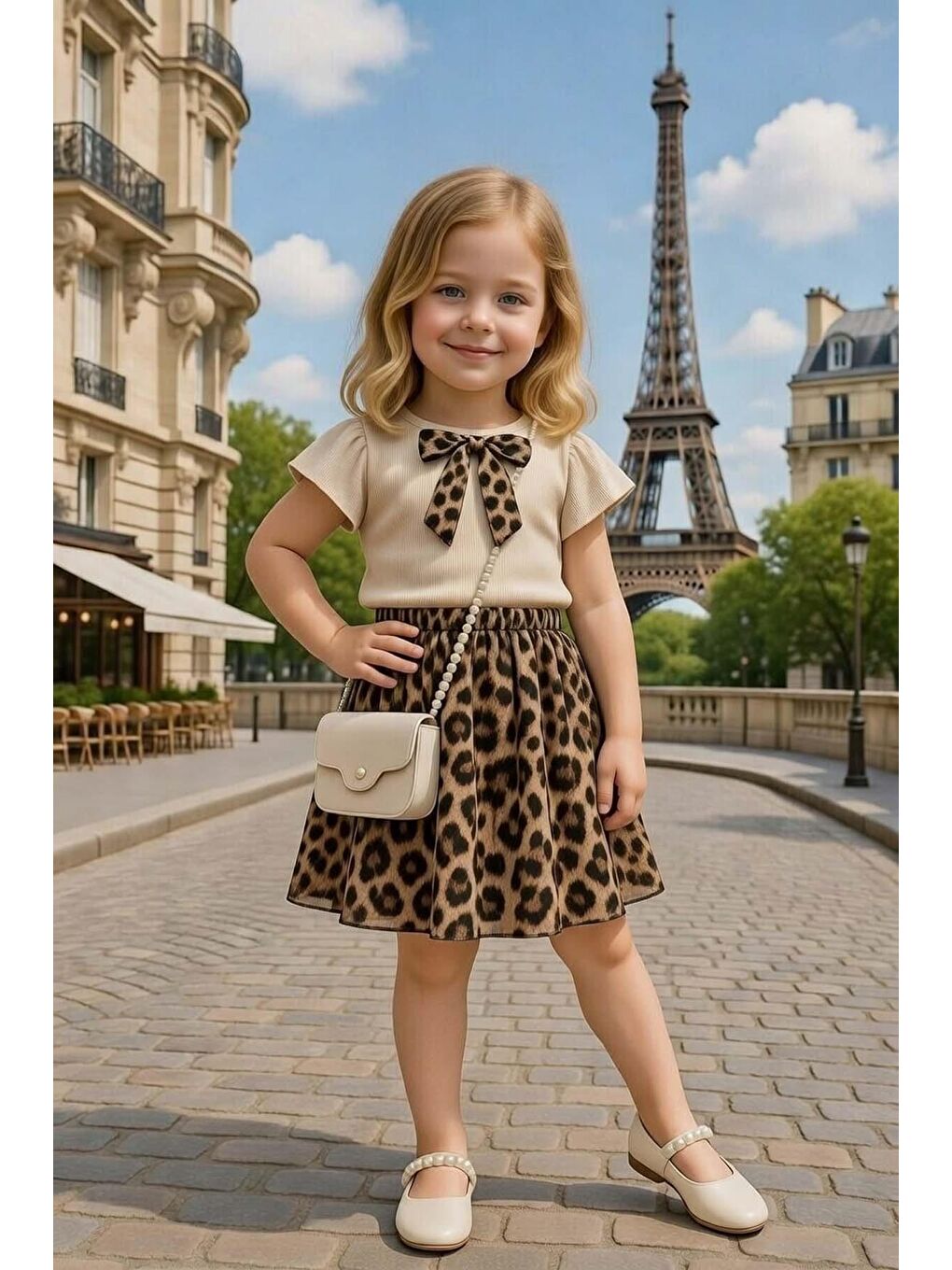 Ekru Kız Çocuk Göğsünde Kurdele Detaylı Kısa Kollu Bluz Üzeri Leopar Detaylı Kehribar Etekli Takım-1