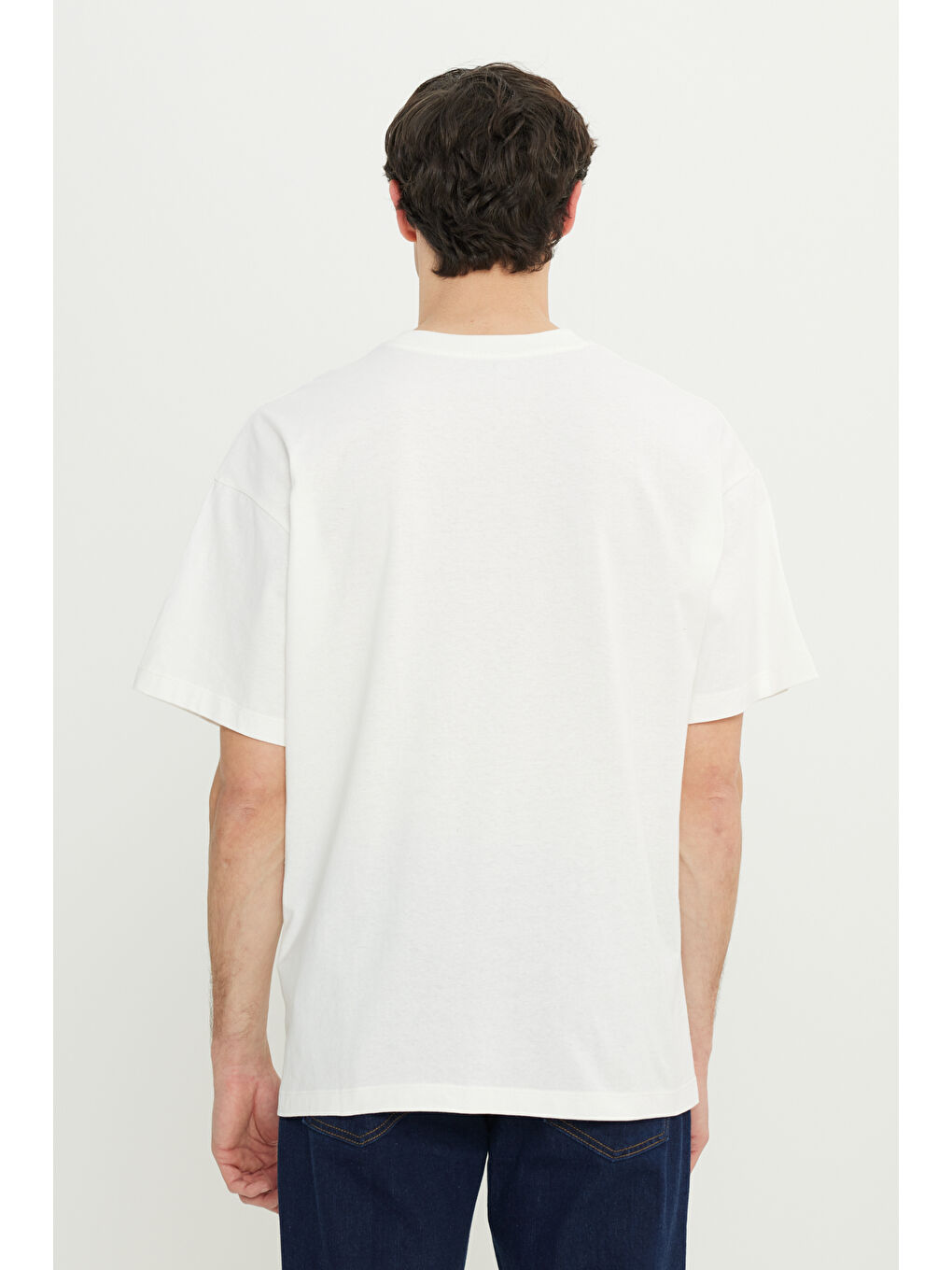 Erkek Ekru %100 Pamuk Oversize Fit Rahat Kesim Bisiklet Yaka Baskılı Tişört-4