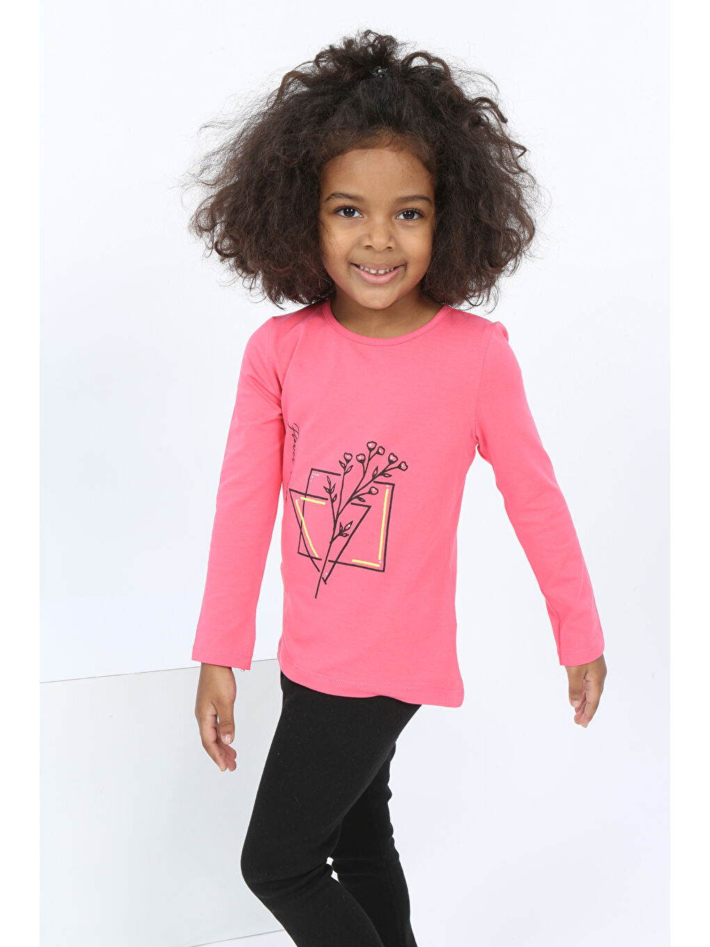Fuşya Kız Bebek Çiçekli Yazı Nakışlı Tişört-2