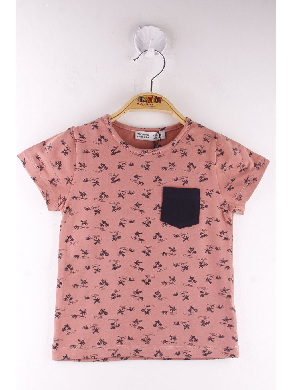 Pembe Erkek Çocuk Palmiye Baskılı Tişört-1