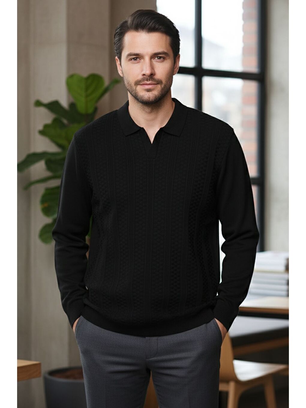 Siyah Polo Yaka Kendinden Desenli Erkek Triko Kazak