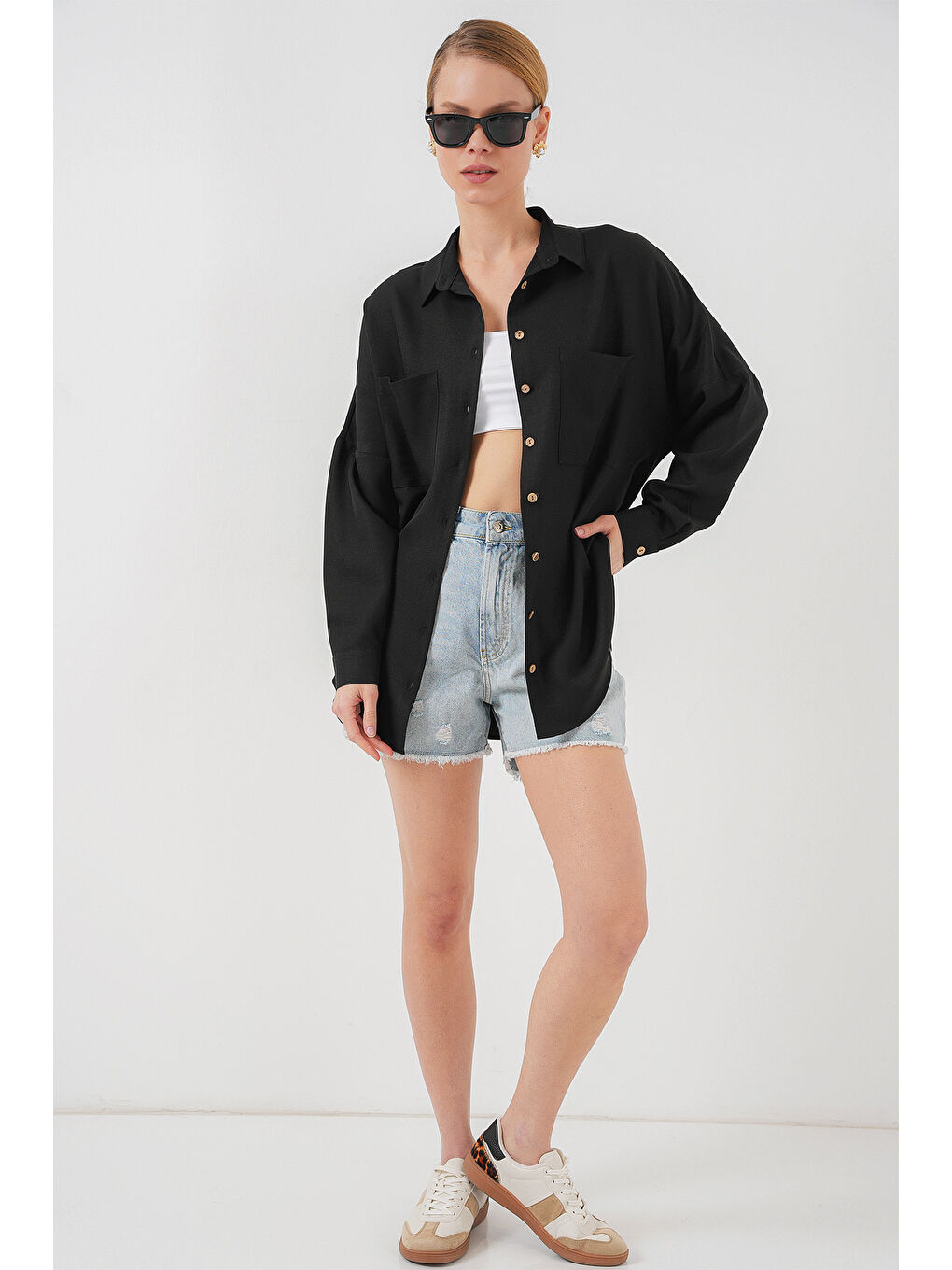 20126 Oversize Keten Gömlek - Siyah-1