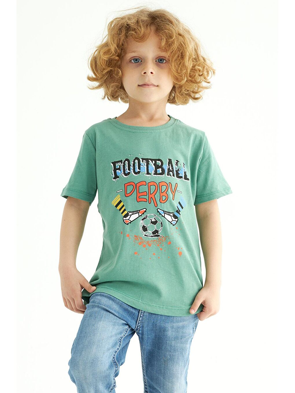 Yeşil Bisiklet Yaka Kısa Kollu Futboll Baskılı Erkek Çocuk Tişört
