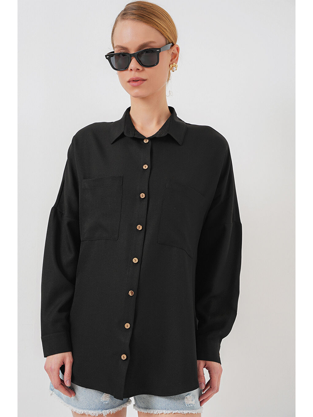 20126 Oversize Keten Gömlek - Siyah-2
