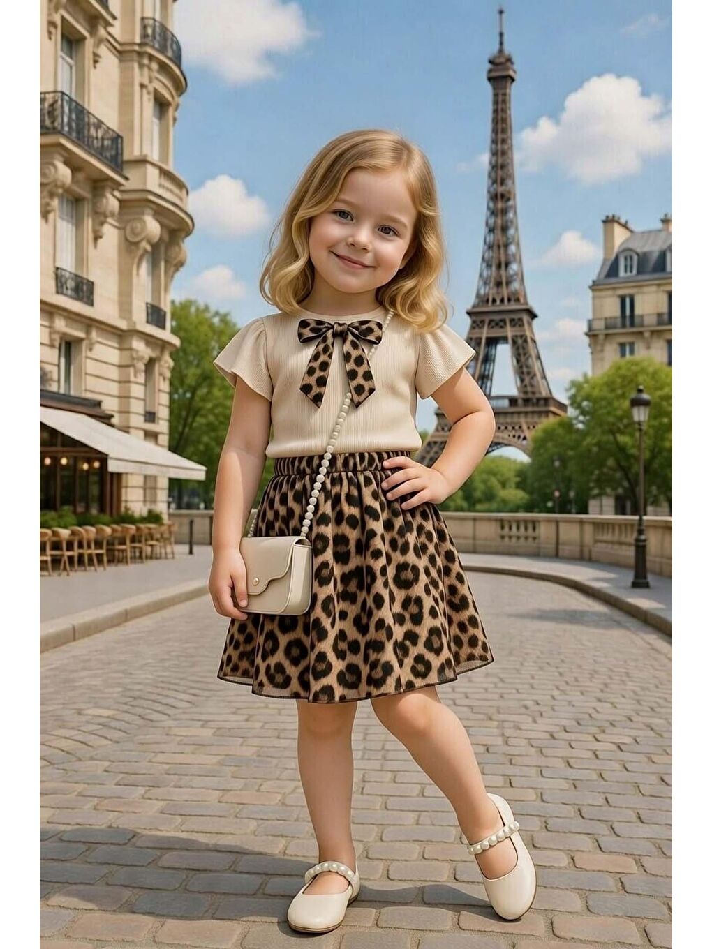 Ekru Kız Çocuk Göğsünde Kurdele Detaylı Kısa Kollu Bluz Üzeri Leopar Detaylı Kehribar Etekli Takım-2