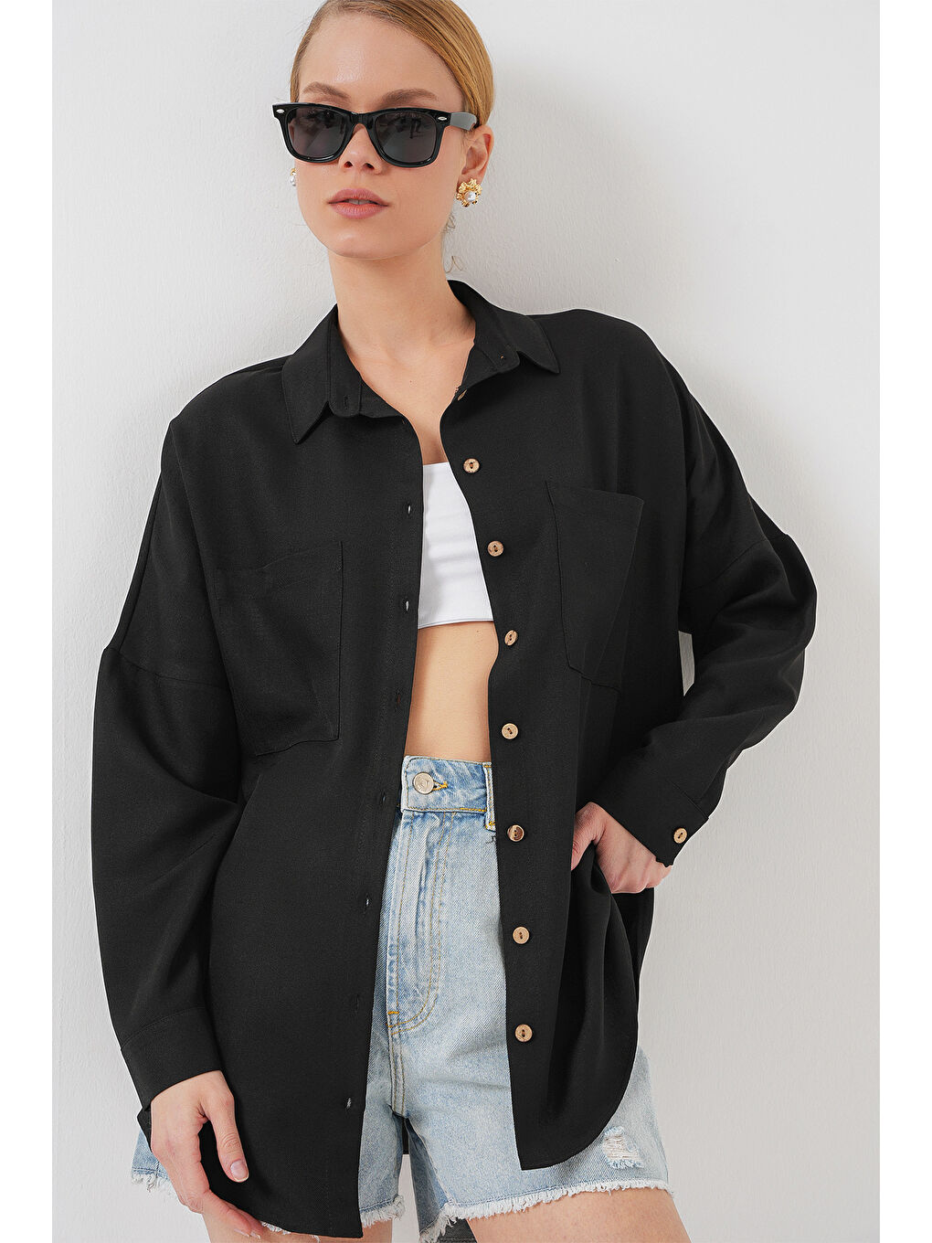 20126 Oversize Keten Gömlek - Siyah-3