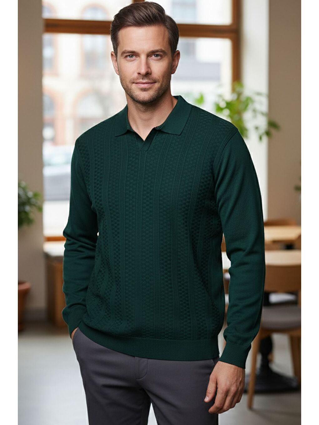 Yeşil Polo Yaka Kendinden Desenli Erkek Triko Kazak