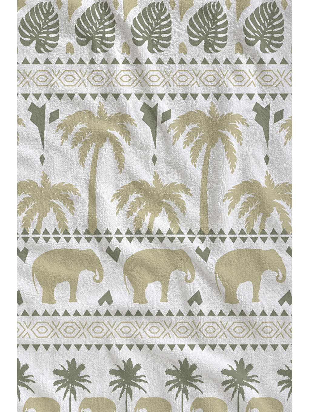 Ekru Haki Etnik Bordür Ve Geometrik Motif Desenli 70x150 Cm Dijital Baskılı Plaj Ve Banyo Havlusu-1