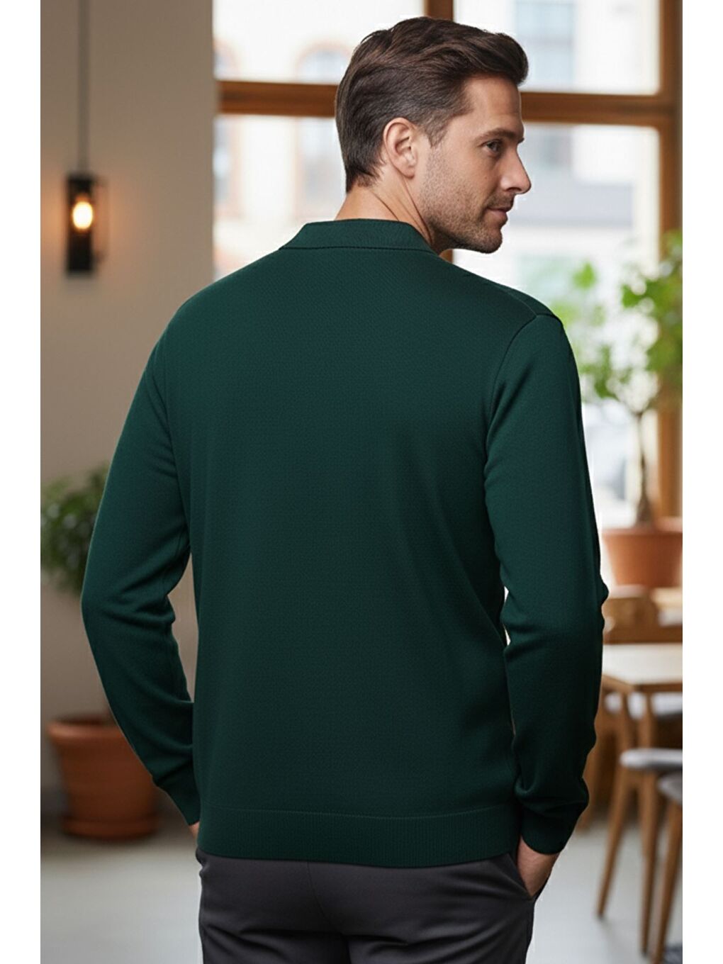 Yeşil Polo Yaka Kendinden Desenli Erkek Triko Kazak-1