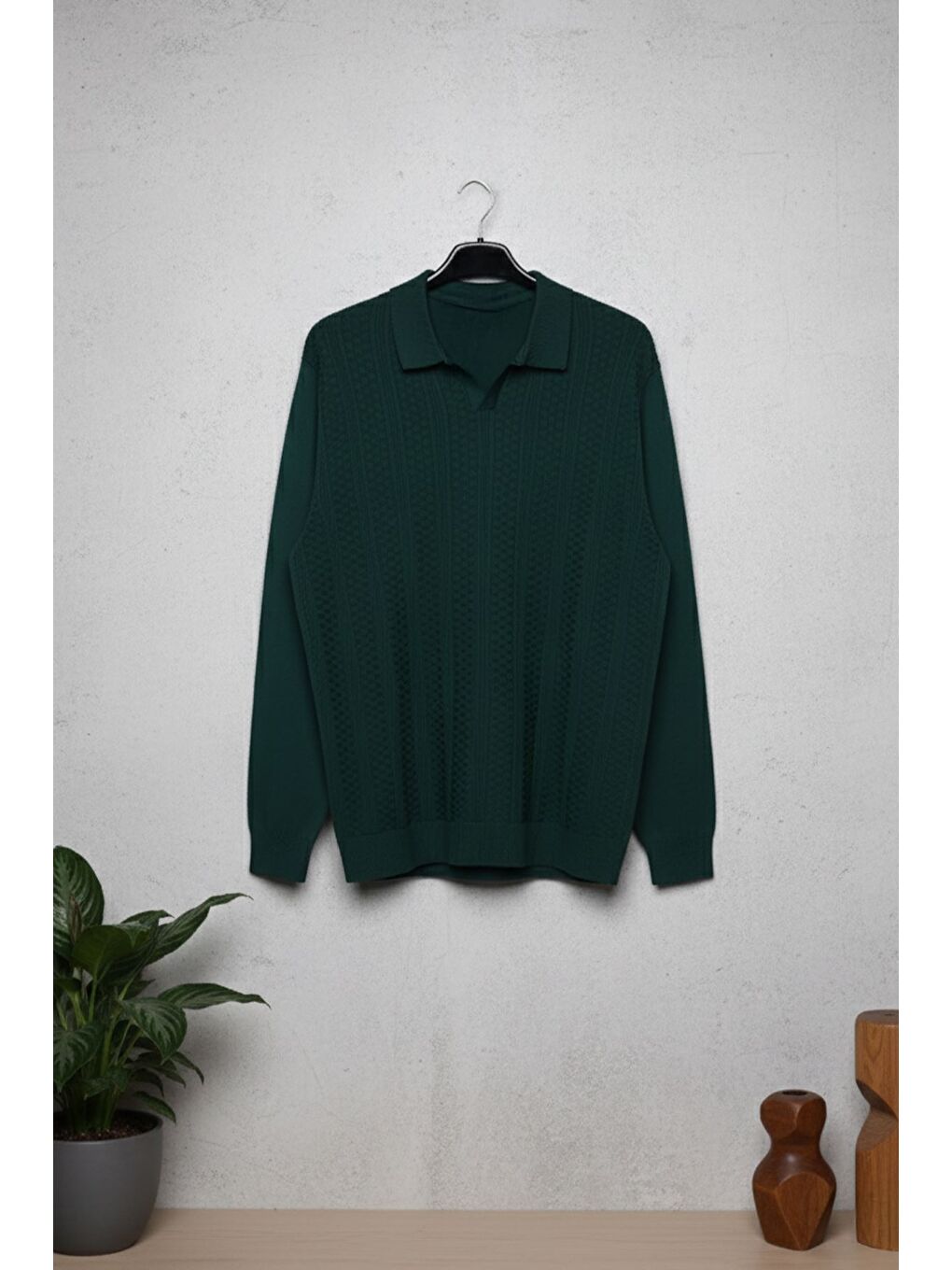 Yeşil Polo Yaka Kendinden Desenli Erkek Triko Kazak-2