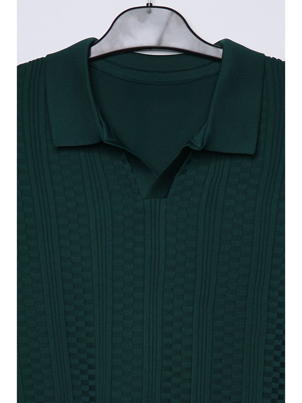 Yeşil Polo Yaka Kendinden Desenli Erkek Triko Kazak-3