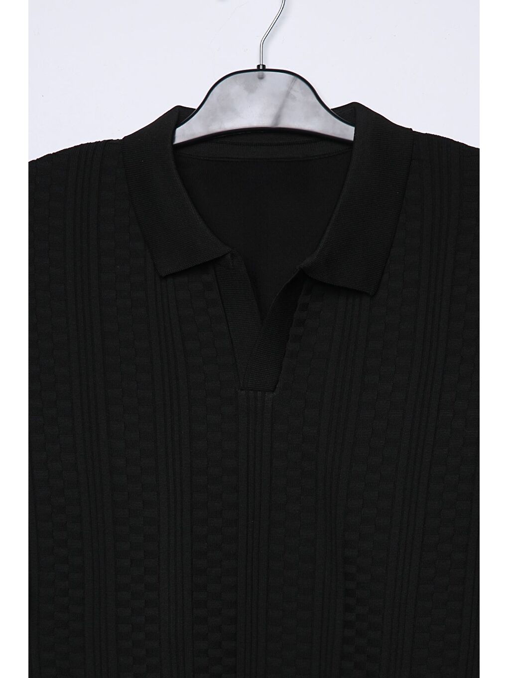 Siyah Polo Yaka Kendinden Desenli Erkek Triko Kazak-3