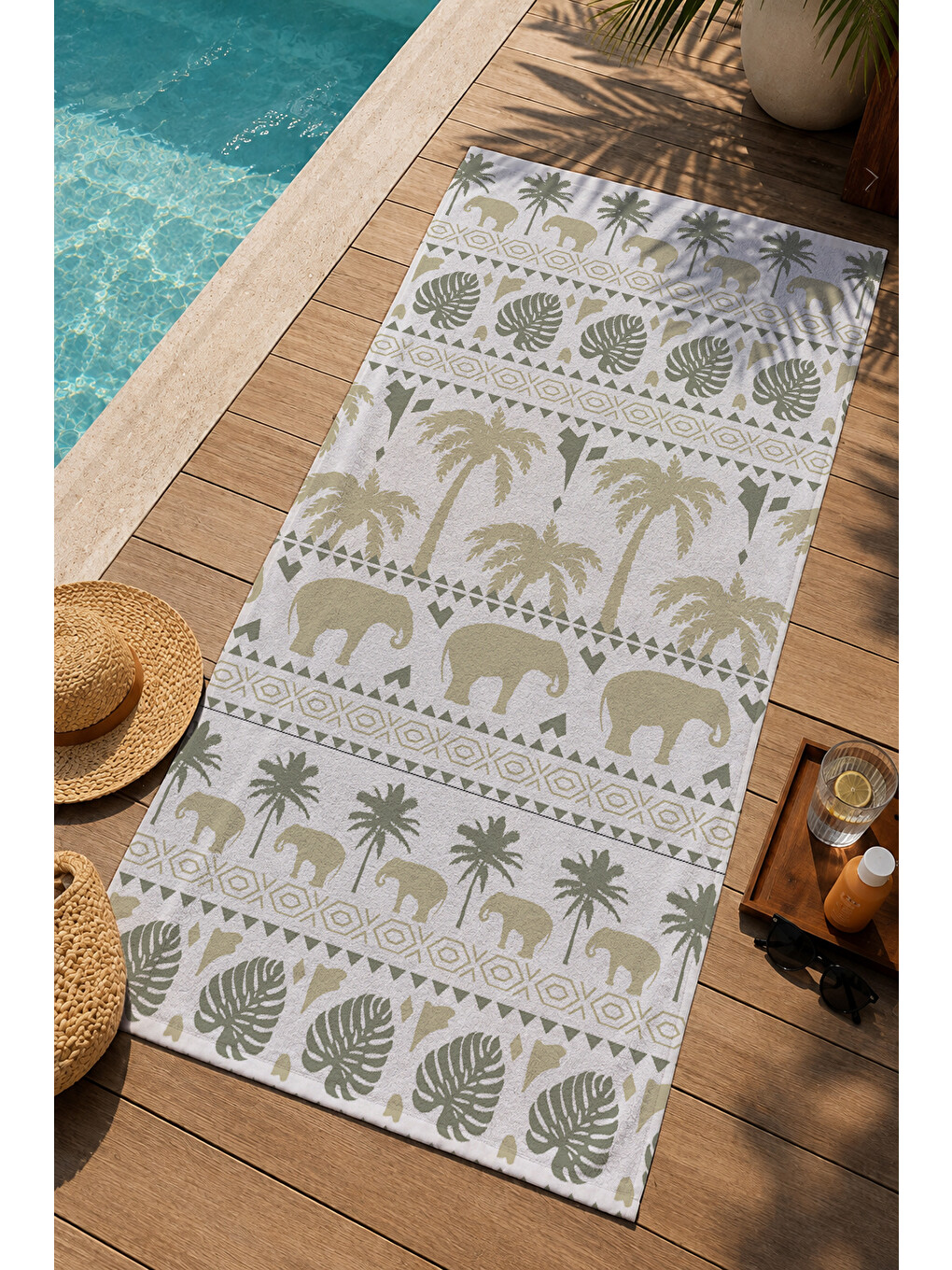 Ekru Haki Etnik Bordür Ve Geometrik Motif Desenli 70x150 Cm Dijital Baskılı Plaj Ve Banyo Havlusu-2