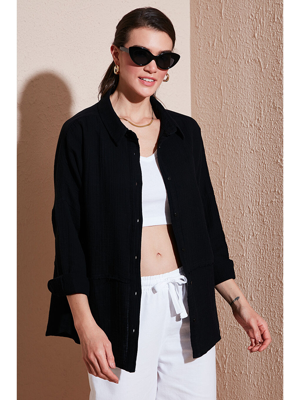Lela Siyah Pamuklu Regular Fit Müslin Gömlek Cf25S166905 - 2