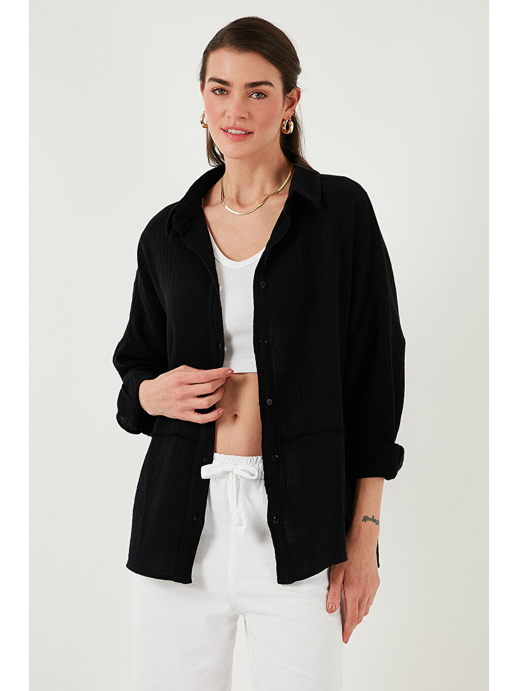 Lela Siyah Pamuklu Regular Fit Müslin Gömlek Cf25S166905 - 4