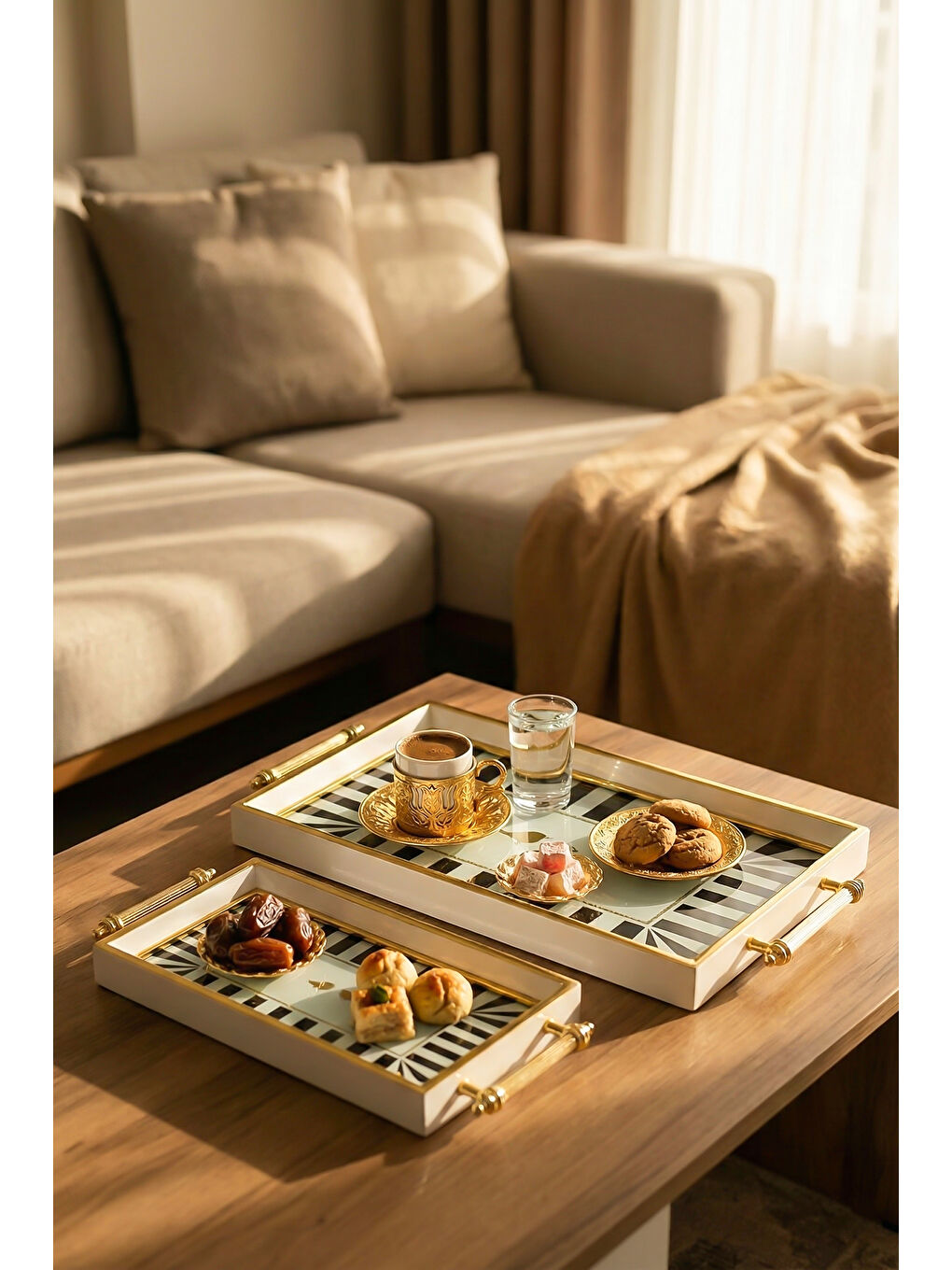 Beyaz 4390 2'li Dekoratif Dikdörtgen Servis Tepsi Seti - Çay ve Kahve Kahvaltılık Sunum Tepsisi