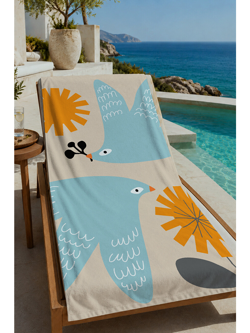 Mavi Sarı Modern Kuş Güneş Ve Soyut Form Desenli 70x150 Cm Dijital Baskılı Plaj Ve Banyo Havlusu