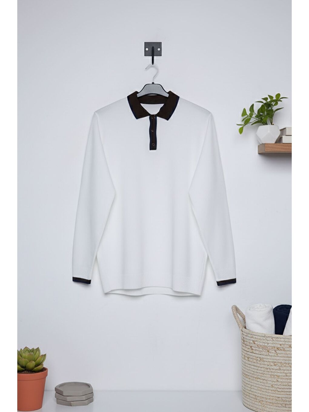 Beyaz Erkek Polo Yaka Yarım Düğmeli Renk Garnili Triko Kazak-2