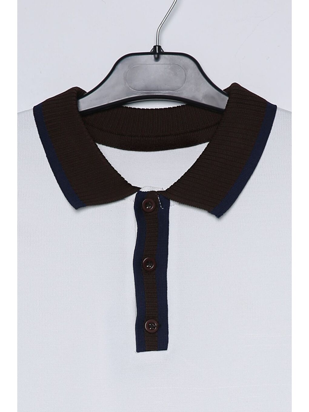 Beyaz Erkek Polo Yaka Yarım Düğmeli Renk Garnili Triko Kazak-3