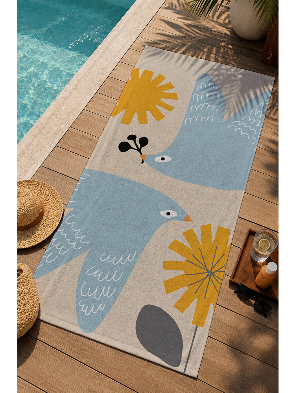 Mavi Sarı Modern Kuş Güneş Ve Soyut Form Desenli 70x150 Cm Dijital Baskılı Plaj Ve Banyo Havlusu-2