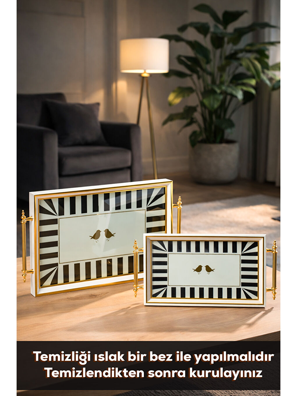 Beyaz 4390 2'li Dekoratif Dikdörtgen Servis Tepsi Seti - Çay ve Kahve Kahvaltılık Sunum Tepsisi-3