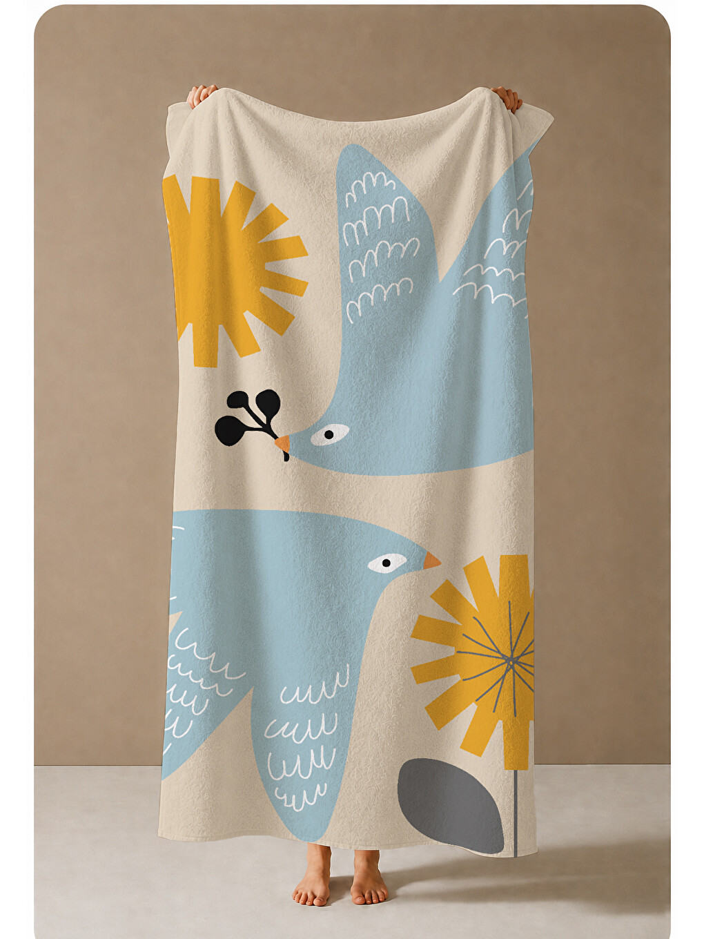 Mavi Sarı Modern Kuş Güneş Ve Soyut Form Desenli 70x150 Cm Dijital Baskılı Plaj Ve Banyo Havlusu-3