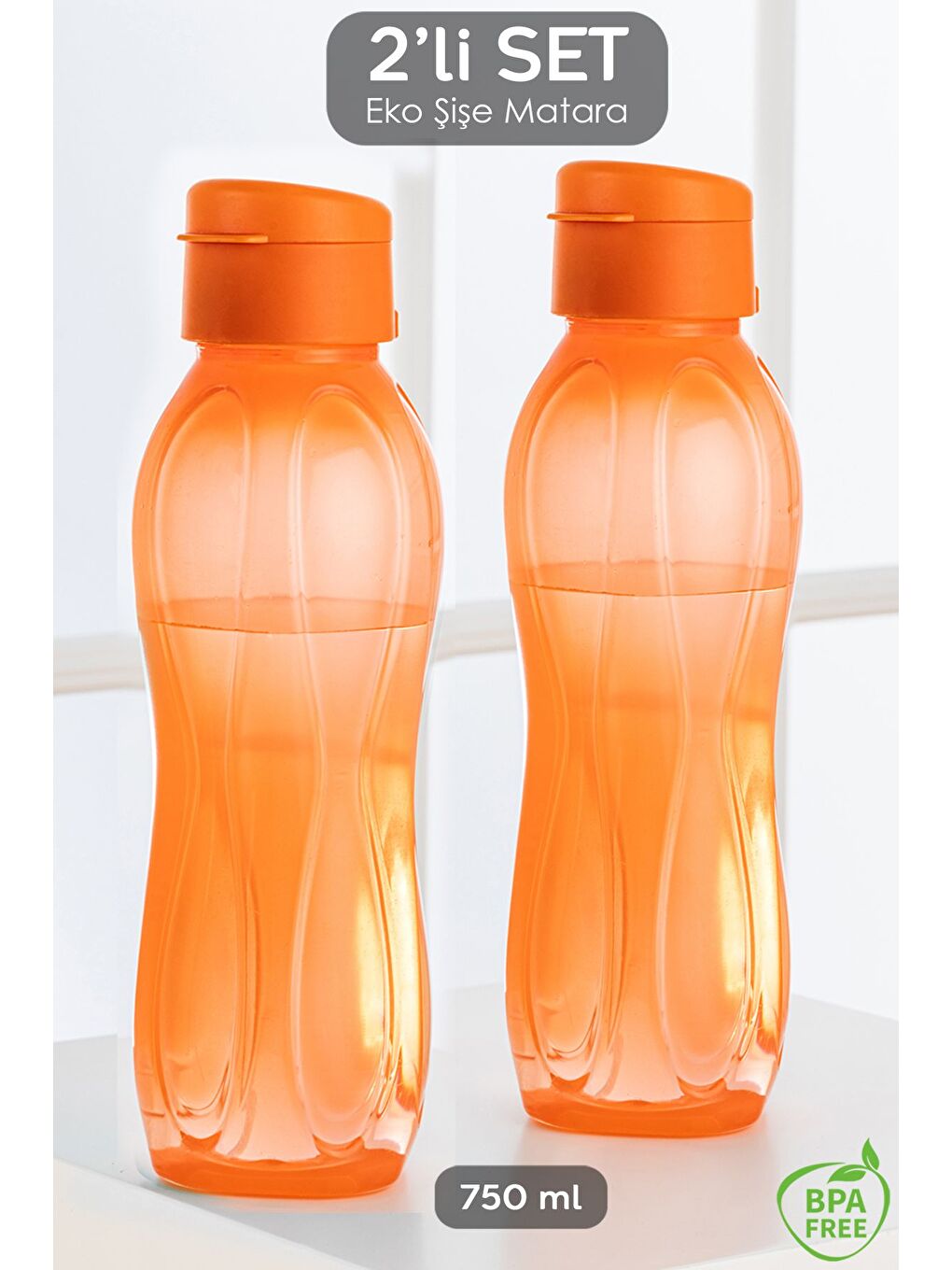 2'li Set Eko Şişe Suluk Pratik Kapak Matara 2x 750 ml Turuncu