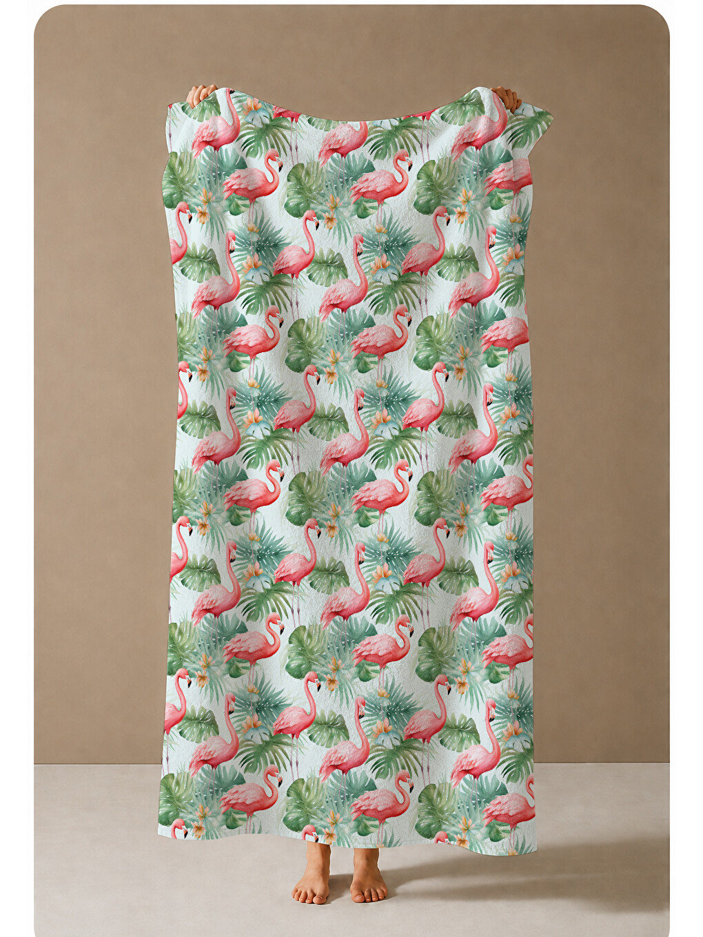 Beyaz Zemin Yeşil Pembe Flamingo Desenli 70x150 Cm Dijital Baskılı Plaj Ve Banyo Havlusu-3