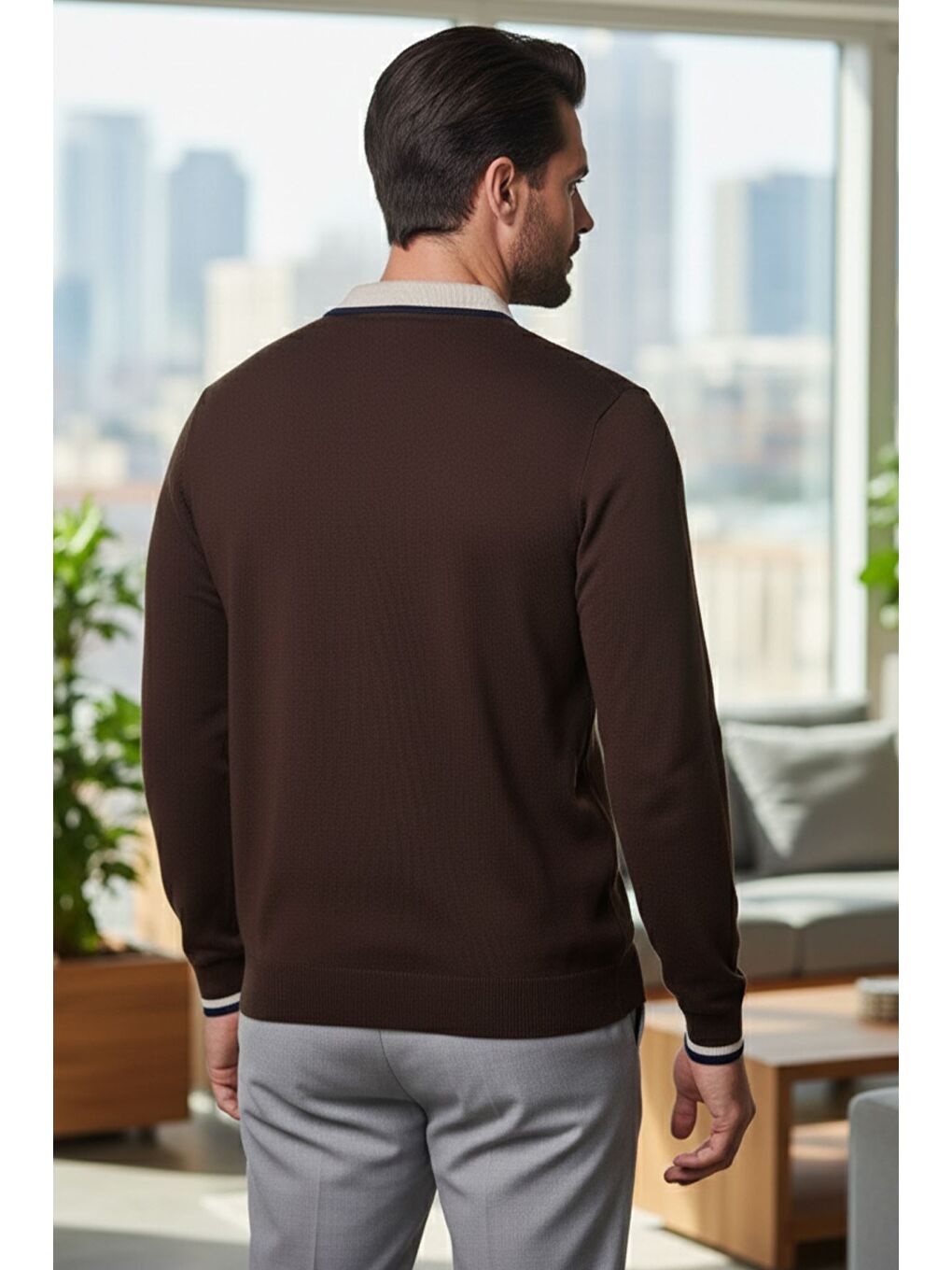 Kahverengi Erkek Polo Yaka Yarım Düğmeli Renk Garnili Triko Kazak-1