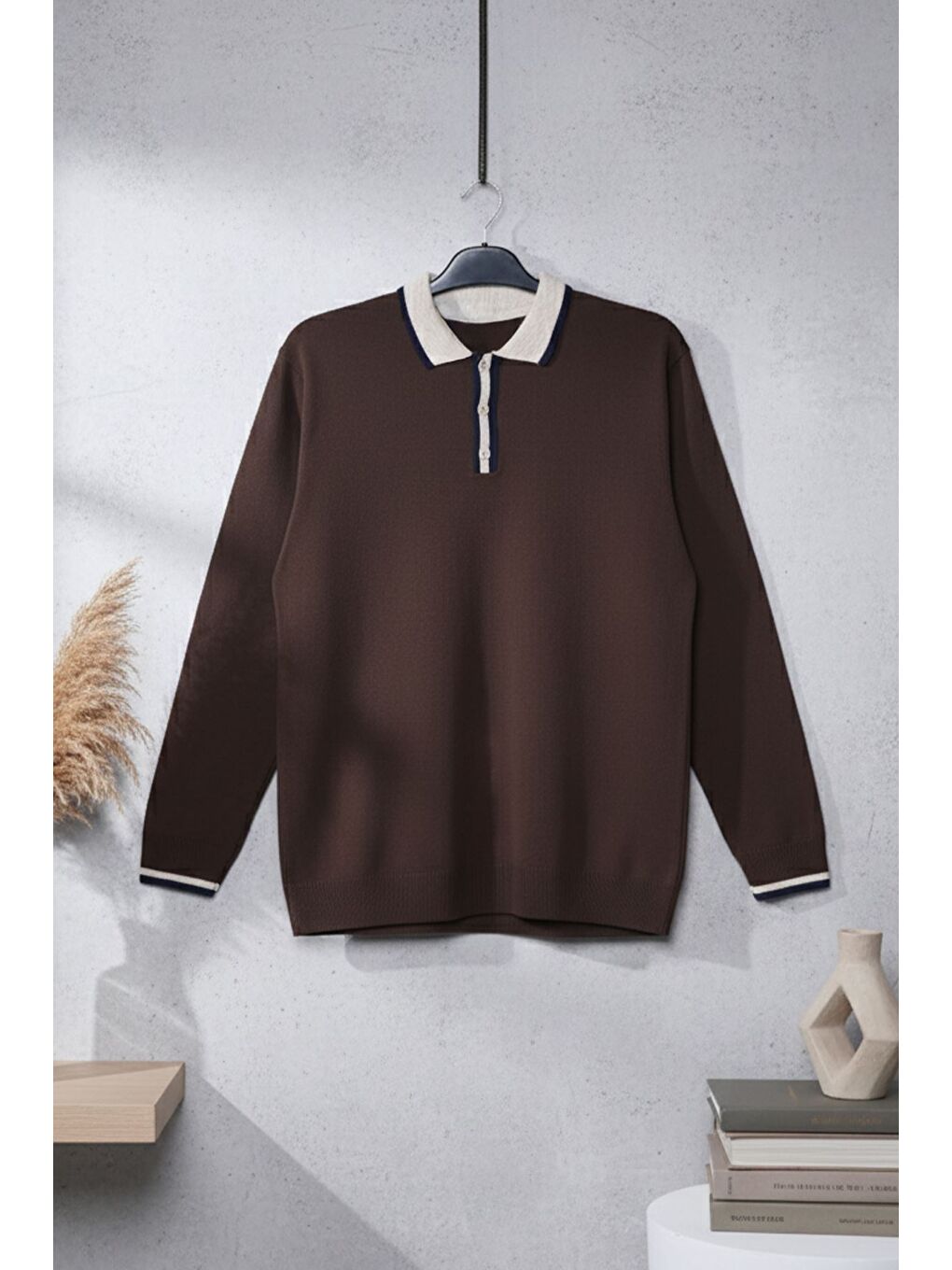 Kahverengi Erkek Polo Yaka Yarım Düğmeli Renk Garnili Triko Kazak-2