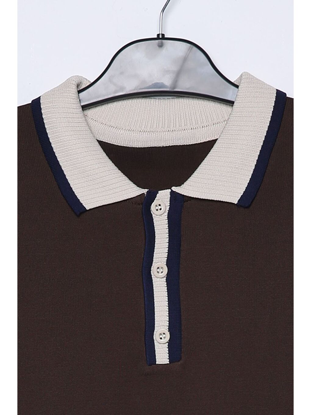 Kahverengi Erkek Polo Yaka Yarım Düğmeli Renk Garnili Triko Kazak-3