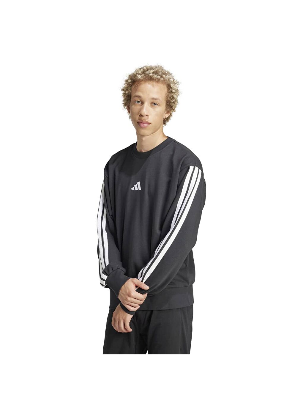 3 Stripes French Terry Erkek Siyah Bisiklet Yaka Sweatshirt
