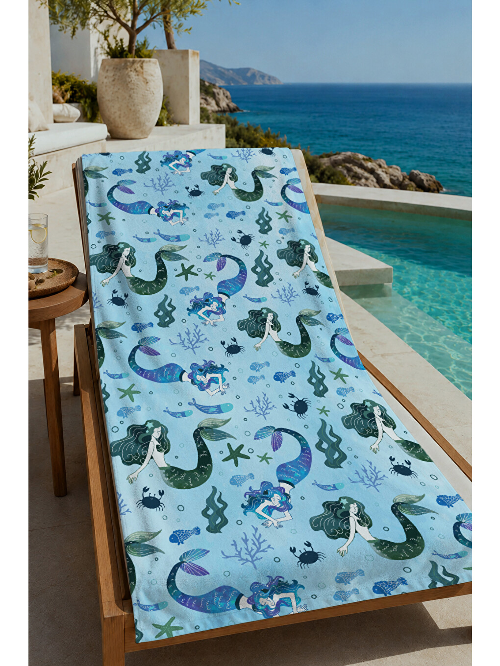 Mavi Denizatı Ve Deniz Canlıları Desenli 70x150 Cm Dijital Baskılı Plaj Ve Banyo Havlusu