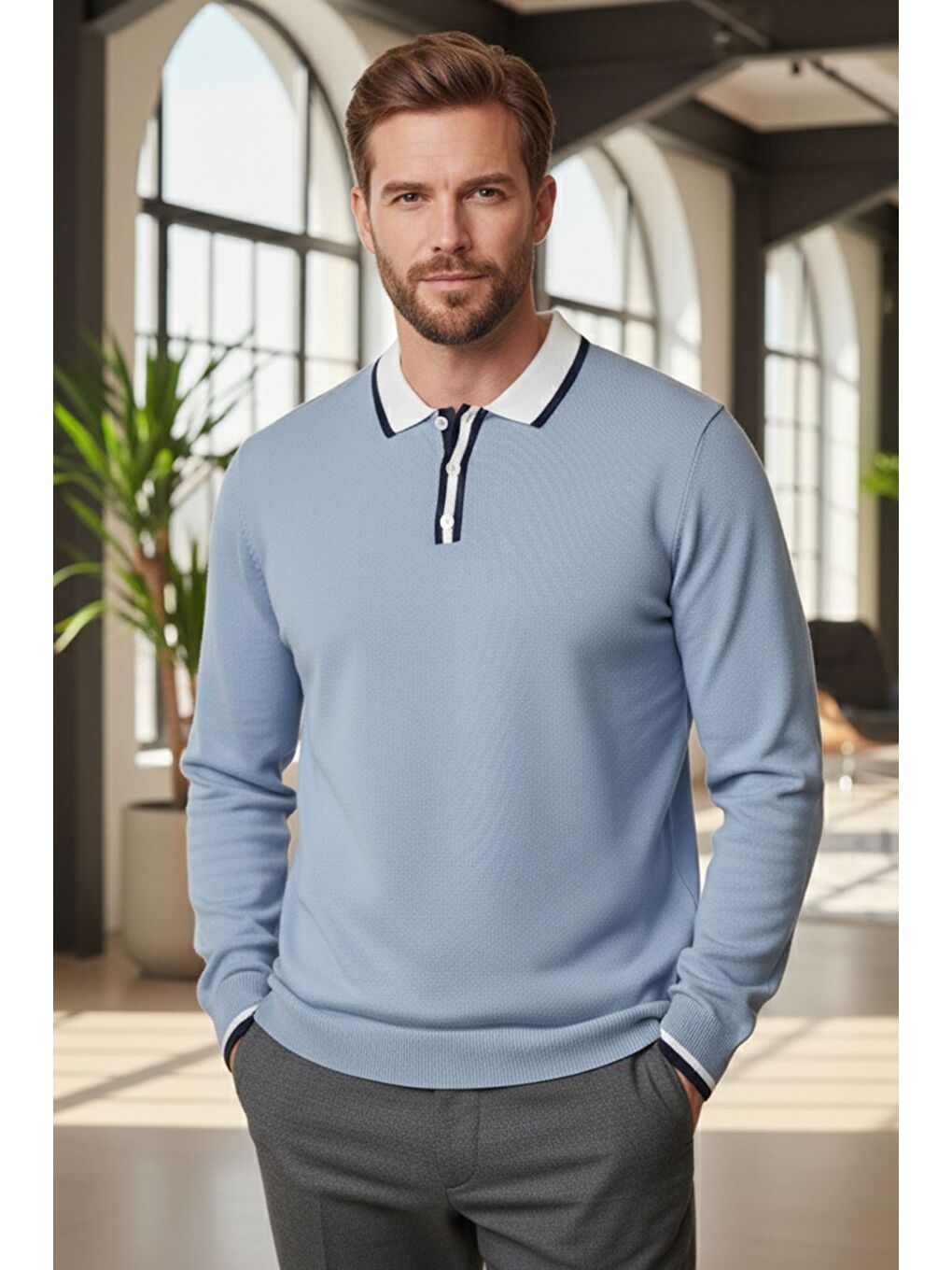 Mavi Erkek Polo Yaka Yarım Düğmeli Renk Garnili Triko Kazak