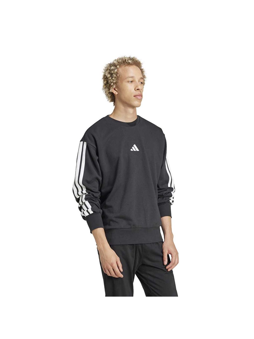 3 Stripes French Terry Erkek Siyah Bisiklet Yaka Sweatshirt-2