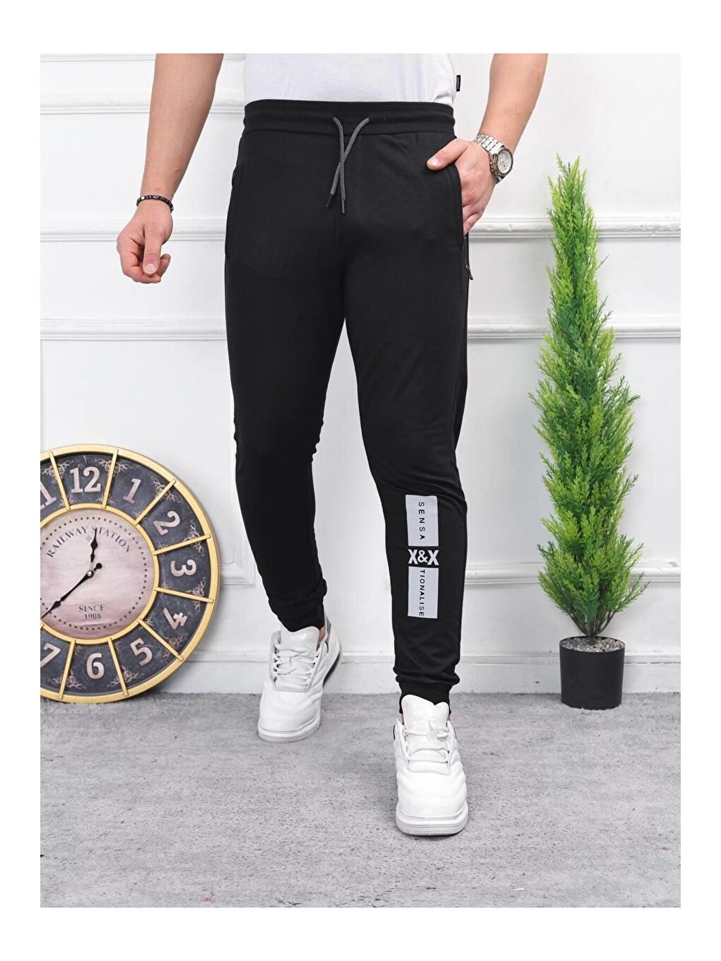 Siyah Erkek Iki Iplik Compact Kumaş Baskılı Eşofman