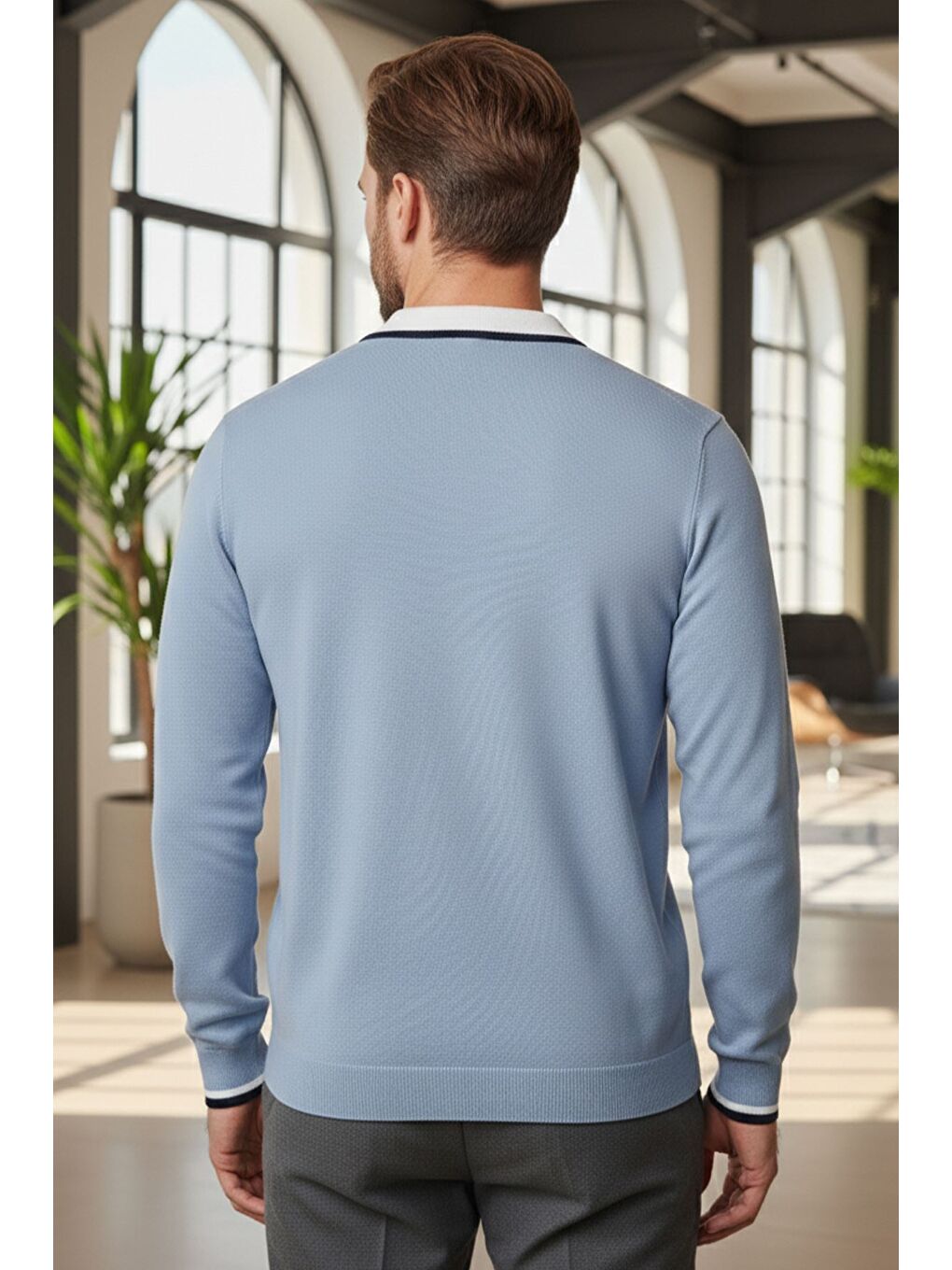 Mavi Erkek Polo Yaka Yarım Düğmeli Renk Garnili Triko Kazak-1