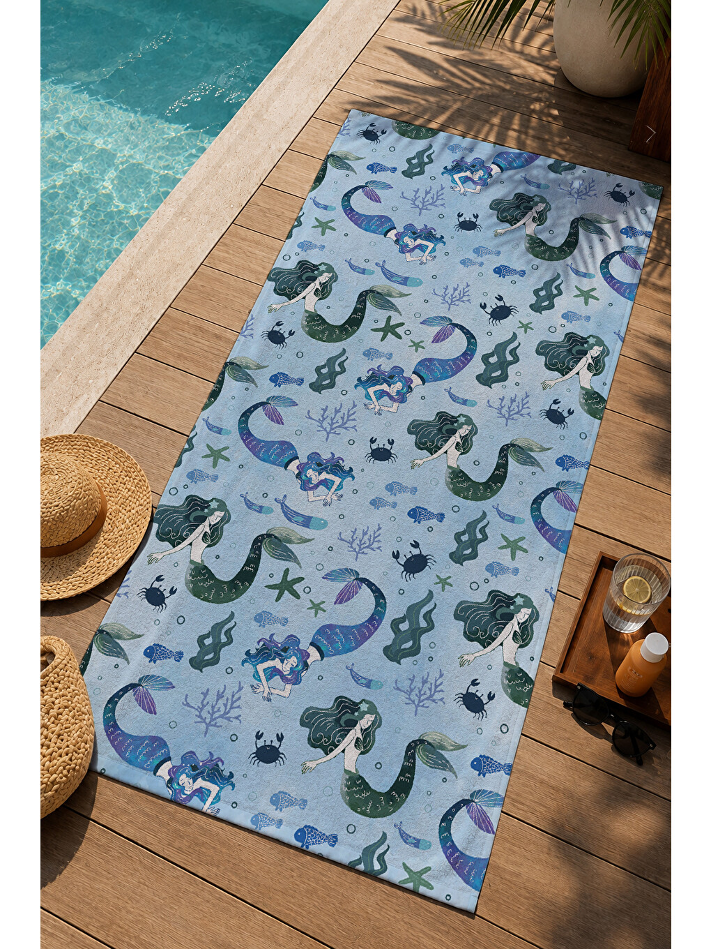 Mavi Denizatı Ve Deniz Canlıları Desenli 70x150 Cm Dijital Baskılı Plaj Ve Banyo Havlusu-2