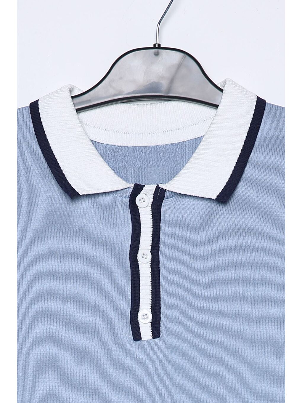 Mavi Erkek Polo Yaka Yarım Düğmeli Renk Garnili Triko Kazak-3